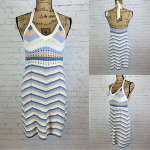 Pink Rose Pastel Striped Crochet Halter Dress